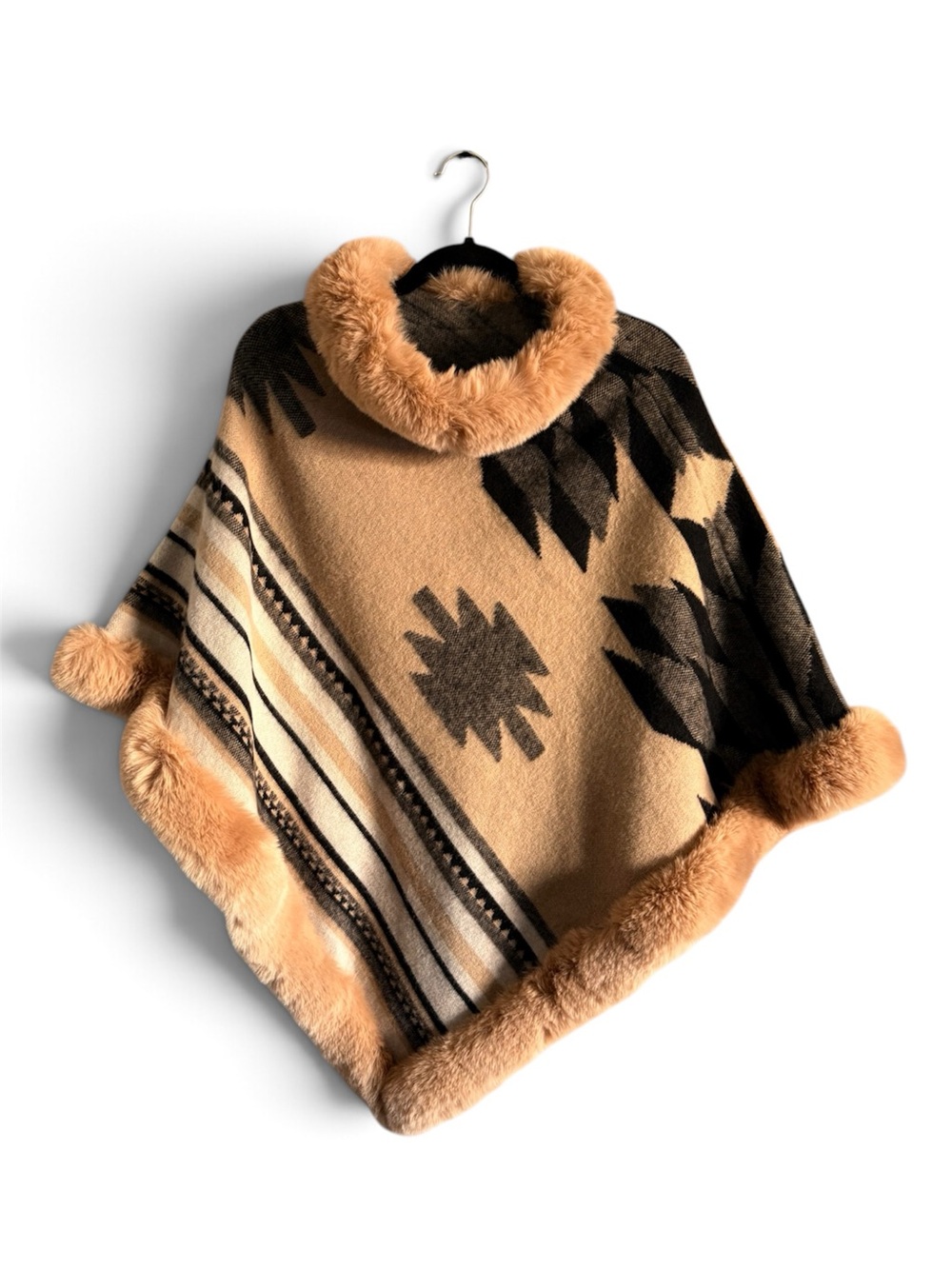 Aztec Print Faux Fur-Trim Poncho Sweater - Tan & Black